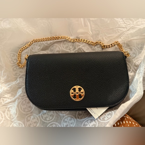Tory Burch Handbags - Tory Burch Black Pebbled Leather Crossbody with Gold Logo and Chain Strap